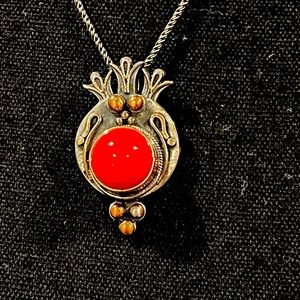 N248 Antique god of fire Sterling with Copper Carnelian Pendant 18” 20.18 Gm